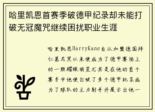 哈里凯恩首赛季破德甲纪录却未能打破无冠魔咒继续困扰职业生涯