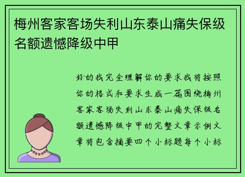 梅州客家客场失利山东泰山痛失保级名额遗憾降级中甲