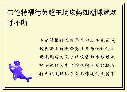 布伦特福德英超主场攻势如潮球迷欢呼不断